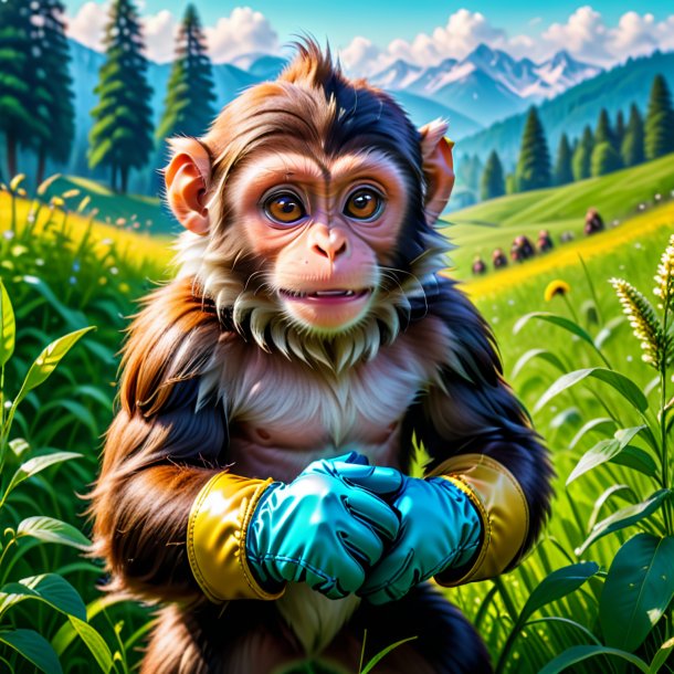 Photo of a monkey in a gloves in the meadow