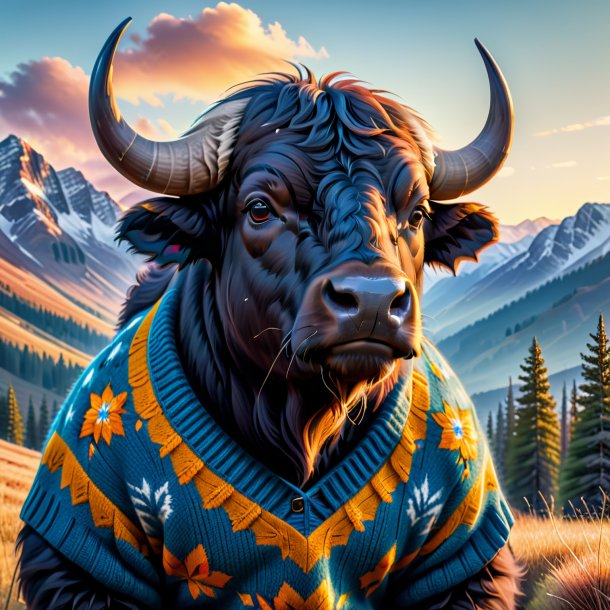 Photo of a buffalo in a sweater in the mountains