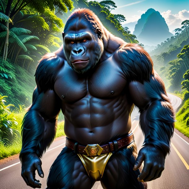 Pic of a gorilla in a belt on the road