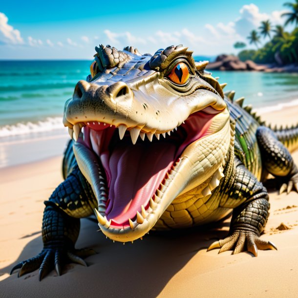 Picture of a smiling of a crocodile on the beach