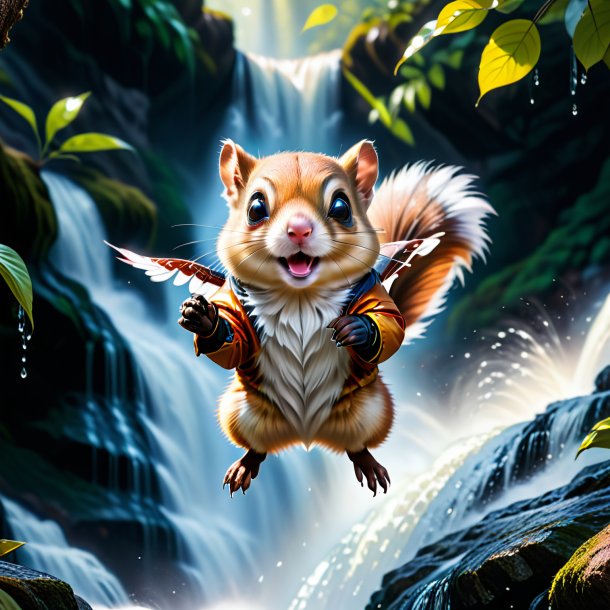 Image of a flying squirrel in a gloves in the waterfall