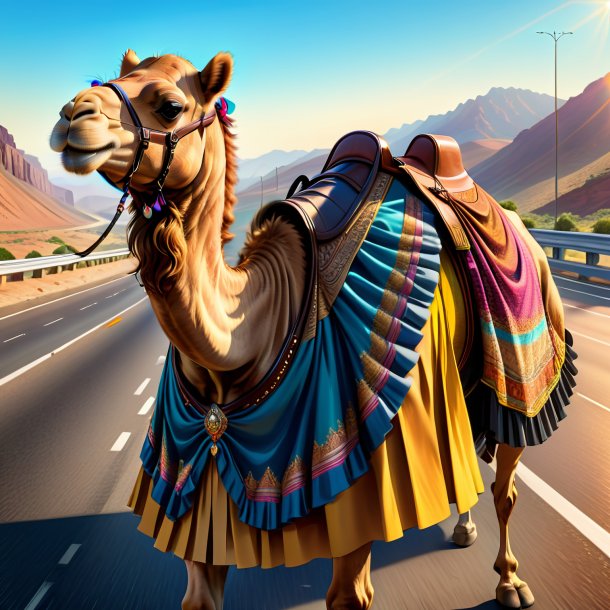 Dessin d'un chameau dans une jupe sur l'autoroute