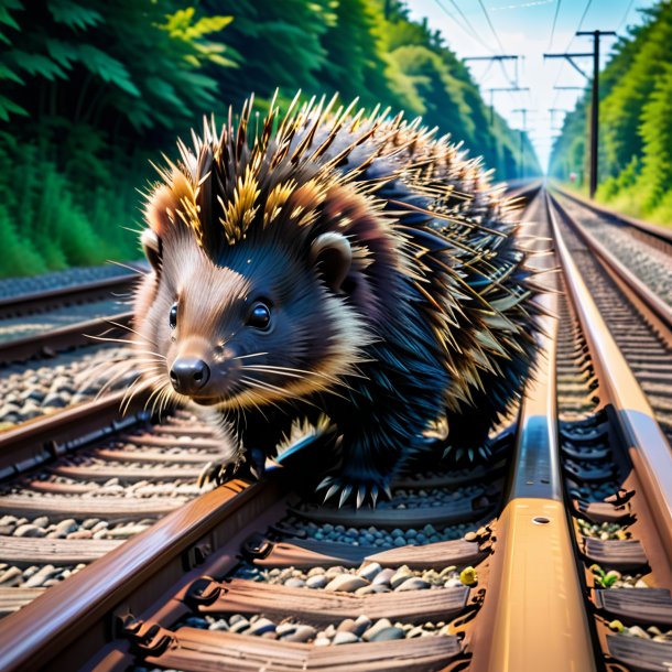 Pic of a swimming of a porcupine on the railway tracks