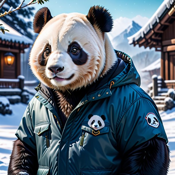 Foto de um panda gigante em uma jaqueta na neve