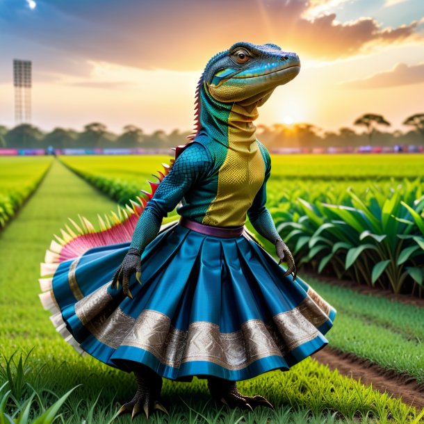 Image of a monitor lizard in a skirt on the field