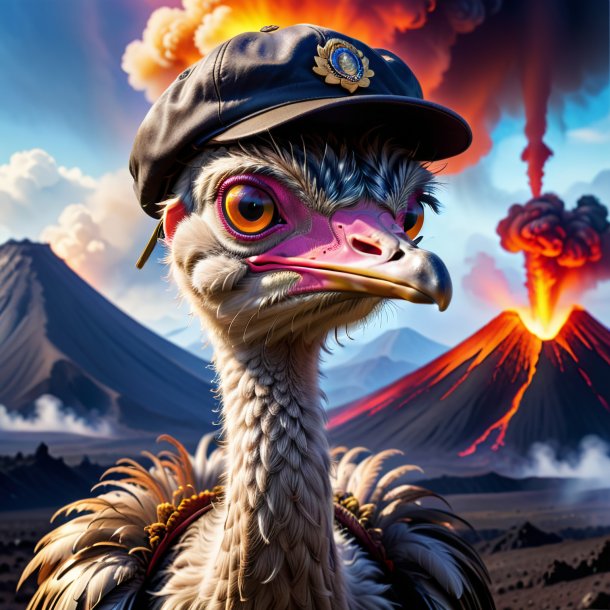 Image of a ostrich in a cap in the volcano