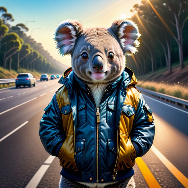 Drawing of a koala in a jacket on the highway