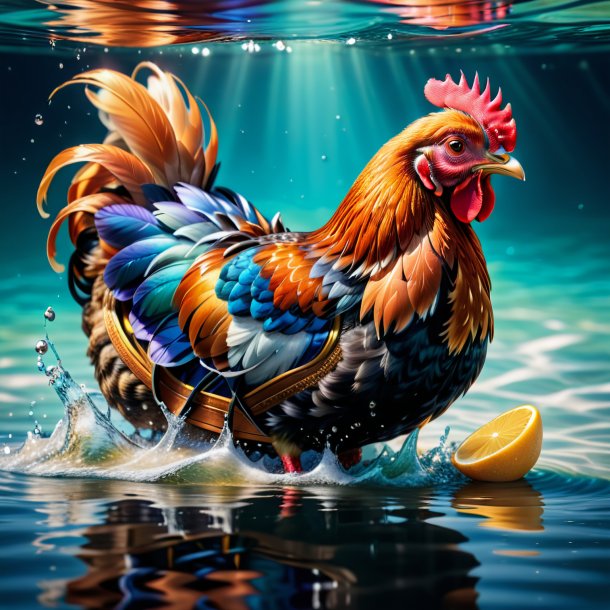 Photo of a hen in a shoes in the water
