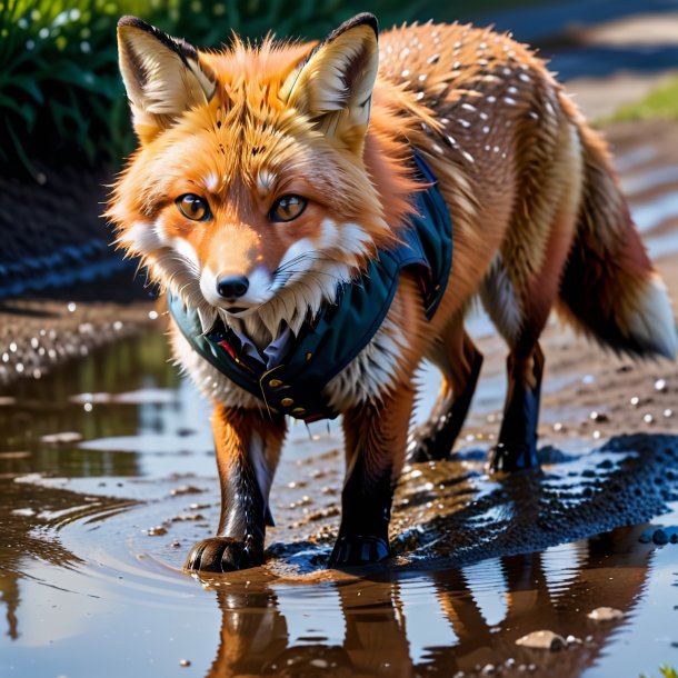 Photo of a fox in a vest in the puddle