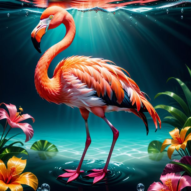 Illustration of a flamingo in a gloves in the water