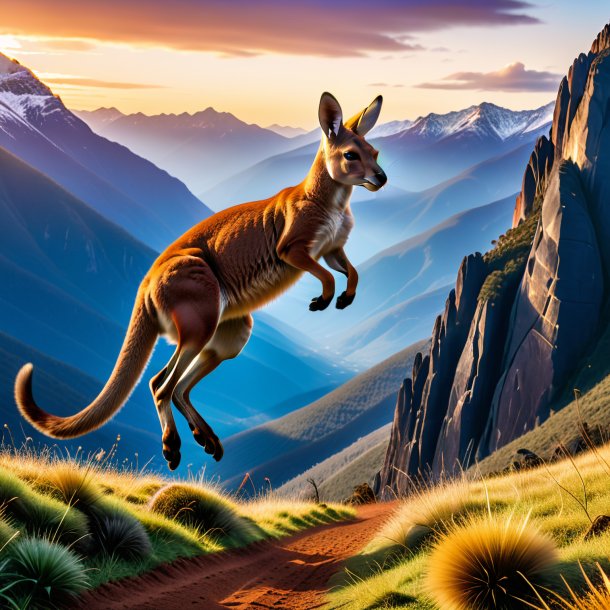 Image of a jumping of a kangaroo in the mountains