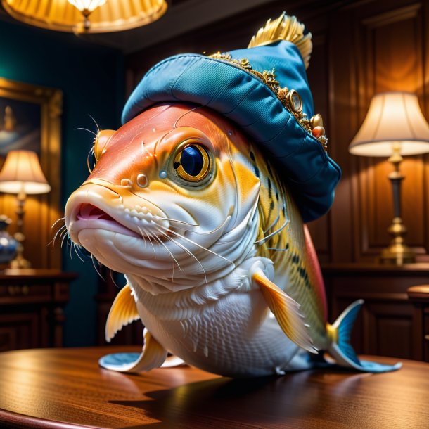 Photo of a haddock in a hat in the house