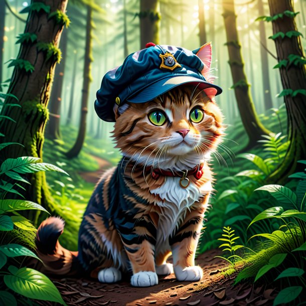 Illustration of a cat in a cap in the forest