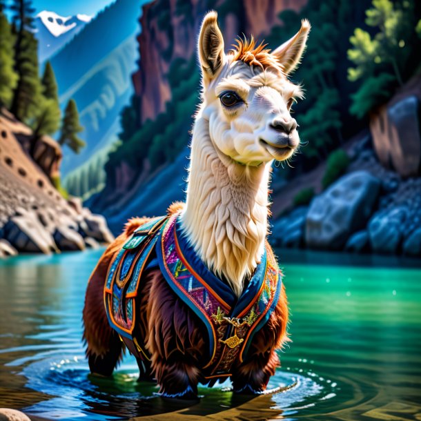 Picture of a llama in a vest in the water