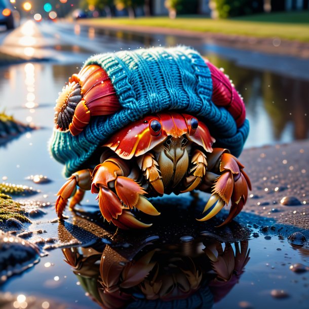 Pic of a hermit crab in a sweater in the puddle