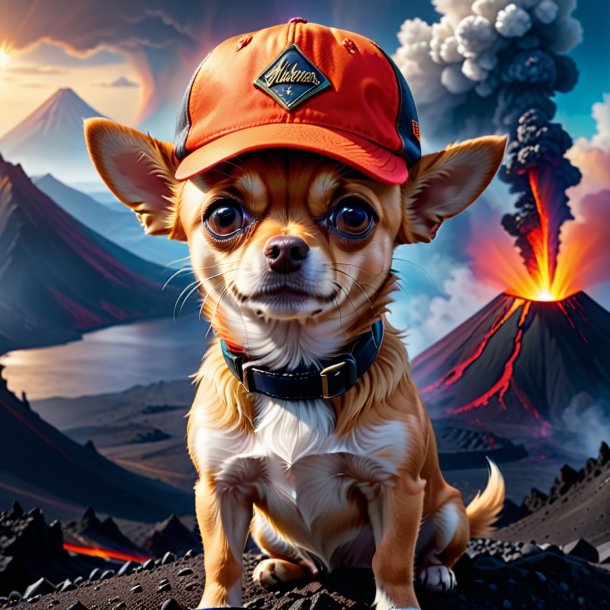 Image of a chihuahua in a cap in the volcano