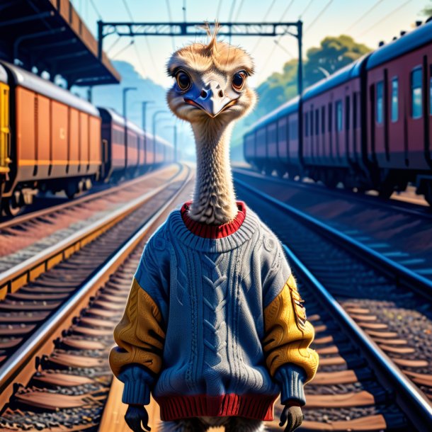 Illustration of a ostrich in a sweater on the railway tracks