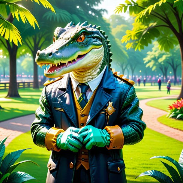 Illustration of a crocodile in a gloves in the park