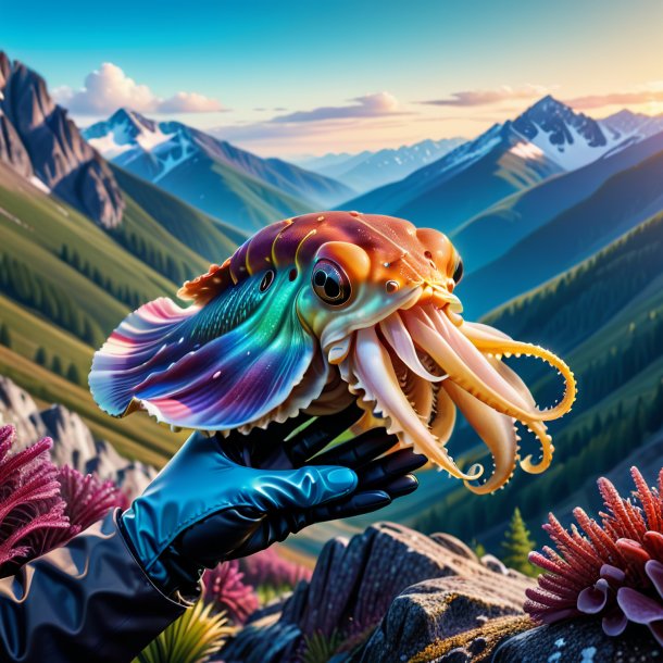 Illustration of a cuttlefish in a gloves in the mountains