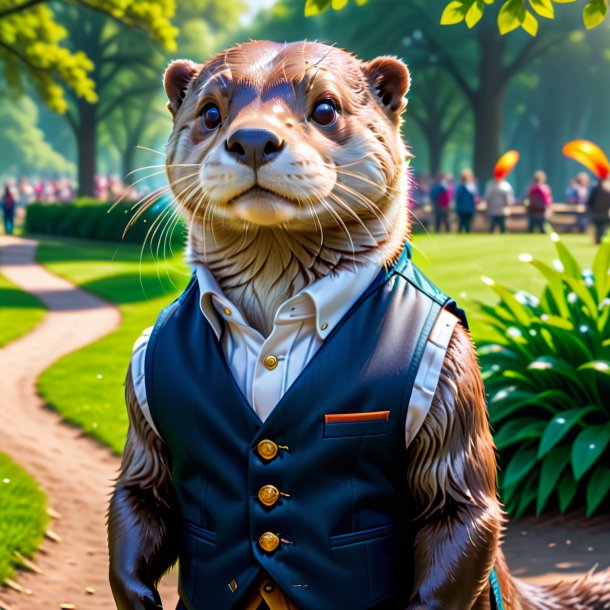 Picture of a otter in a vest in the park