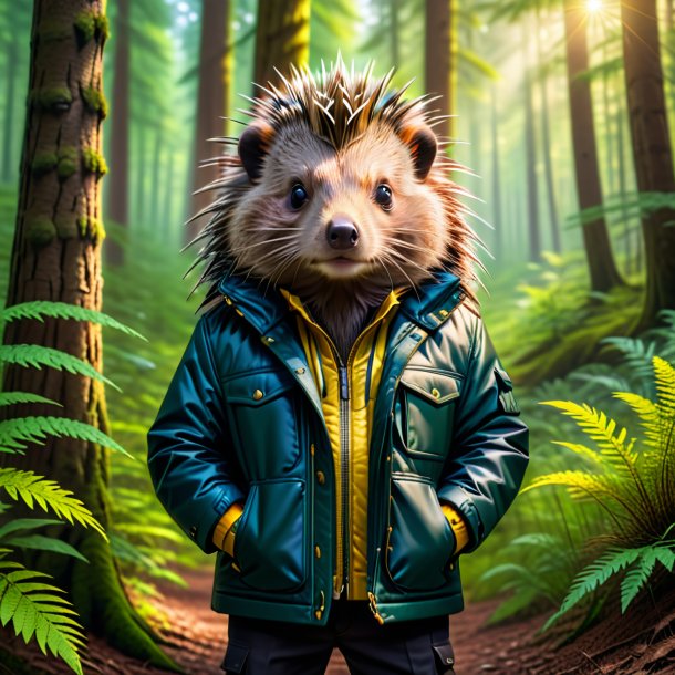 Picture of a porcupine in a jacket in the forest