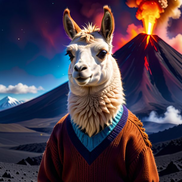 Picture of a llama in a sweater in the volcano