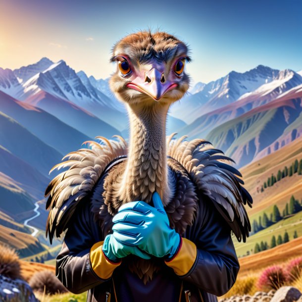 Photo of a ostrich in a gloves in the mountains
