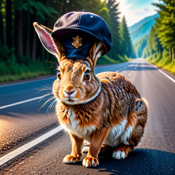 Picture of a hare in a cap on the road