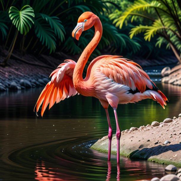 Pic of a flamingo in a belt in the river