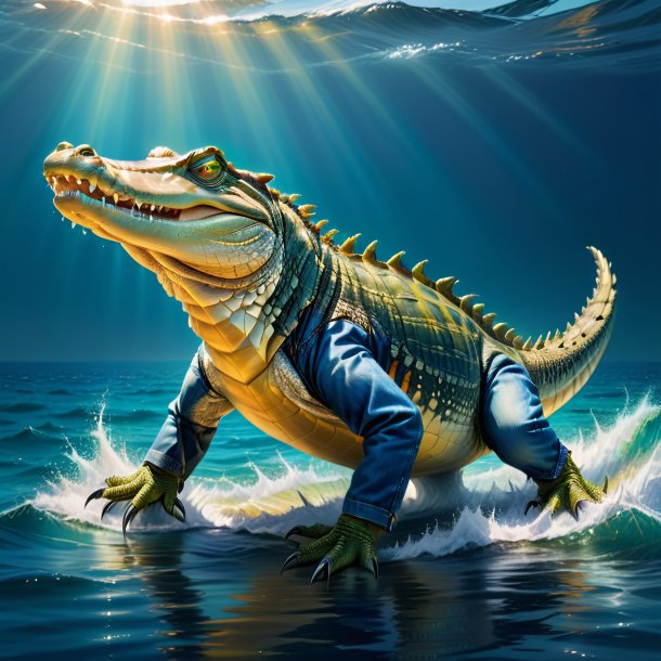 Drawing of a crocodile in a jeans in the sea