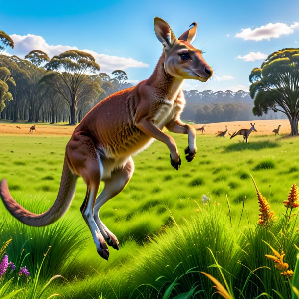 Pic of a jumping of a kangaroo in the meadow