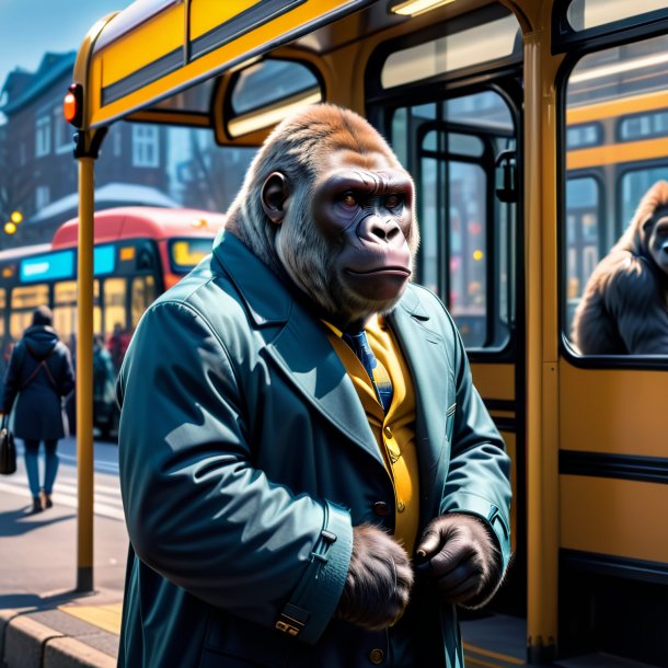 Pic of a gorilla in a coat on the bus stop