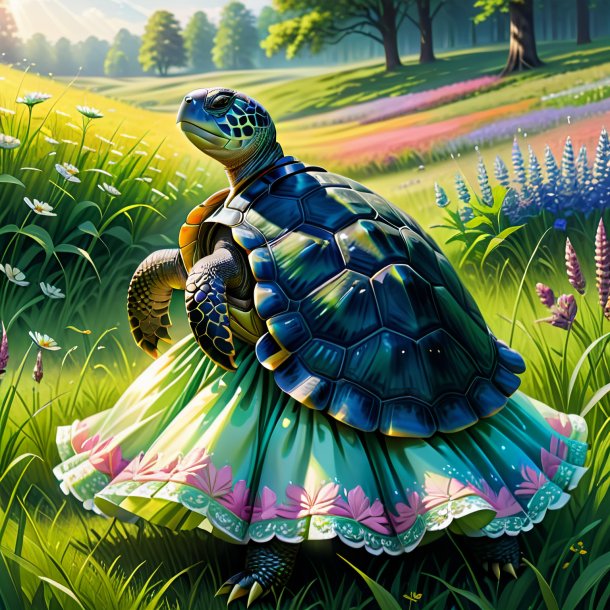 Drawing of a turtle in a dress in the meadow