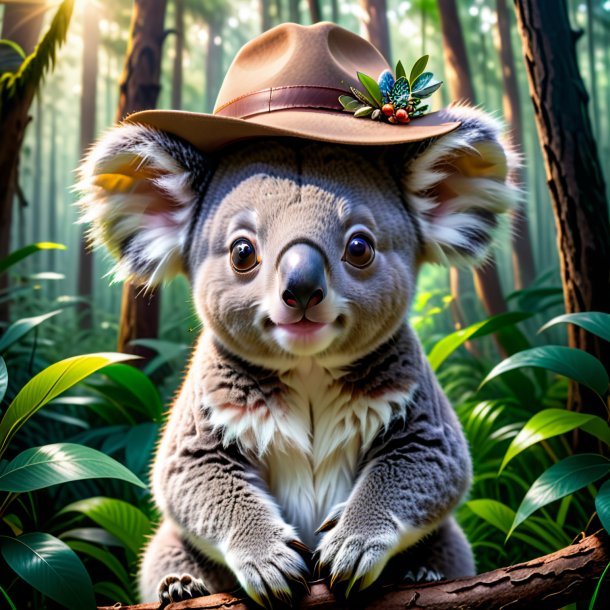 Photo of a koala in a hat in the forest
