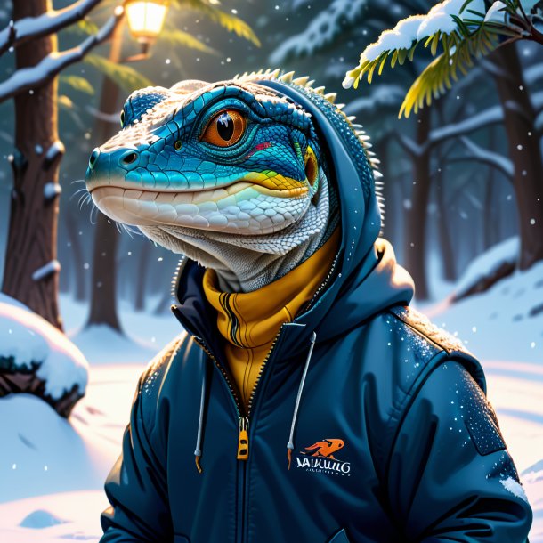 Illustration of a monitor lizard in a hoodie in the snow