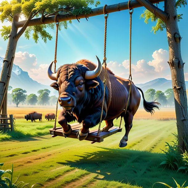 Photo of a swinging on a swing of a buffalo on the field