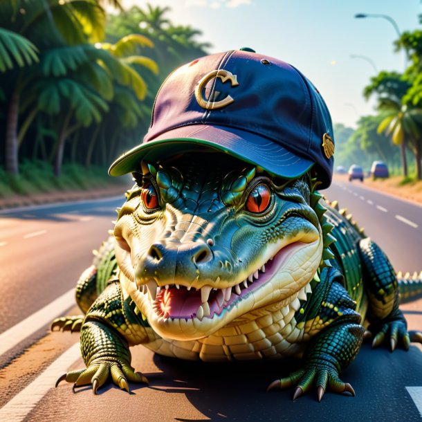 Pic of a crocodile in a cap on the road