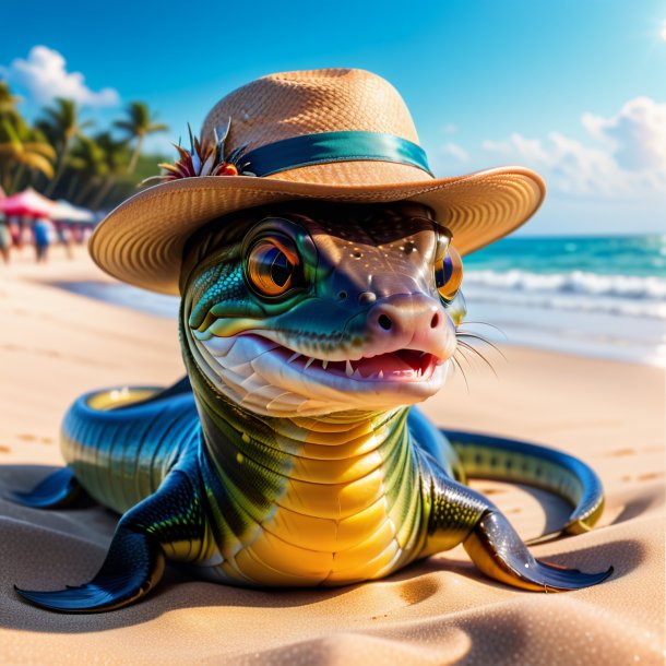 Photo of a eel in a hat on the beach