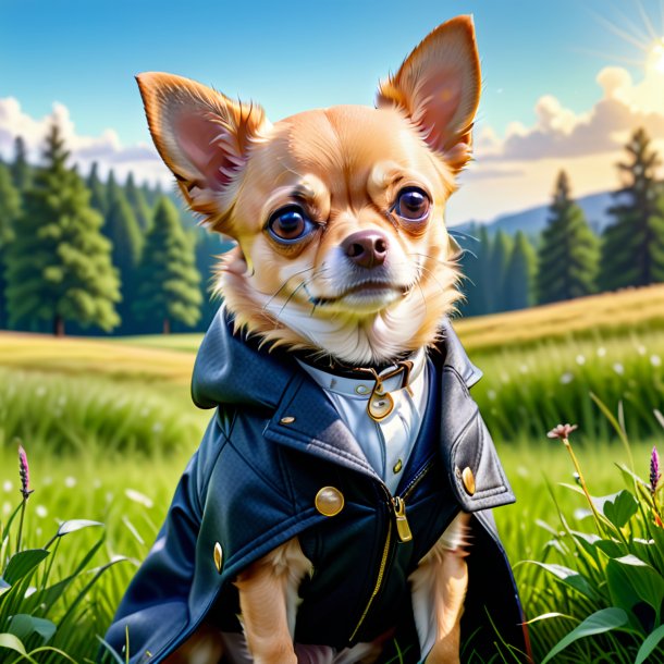 Picture of a chihuahua in a coat in the meadow