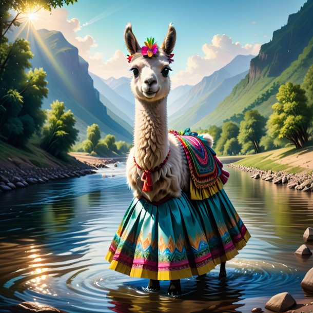 Illustration of a llama in a skirt in the river