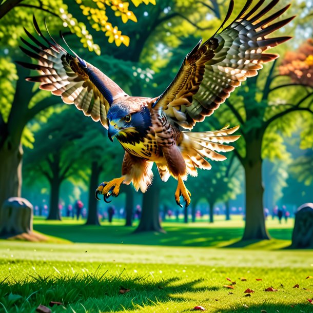 Image of a jumping of a hawk in the park