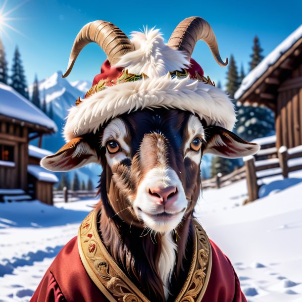 Pic of a goat in a hat in the snow