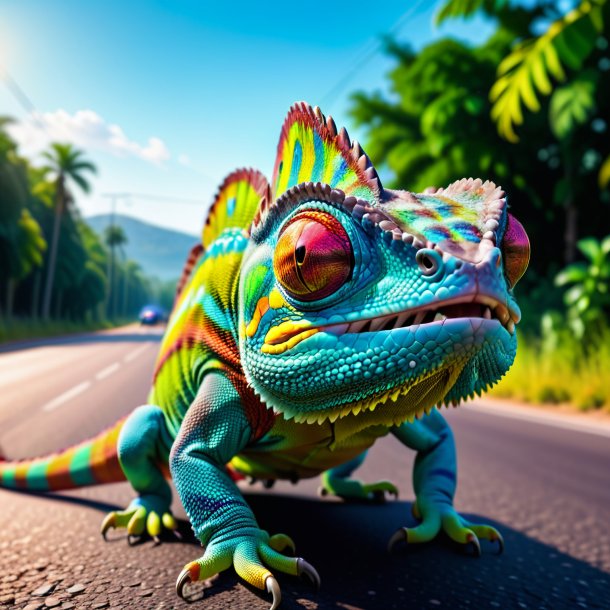 Photo of a angry of a chameleon on the road