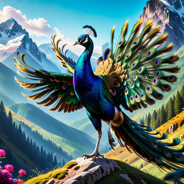 Photo of a jumping of a peacock in the mountains