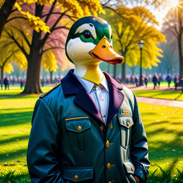 Foto de un pato en una chaqueta en el parque