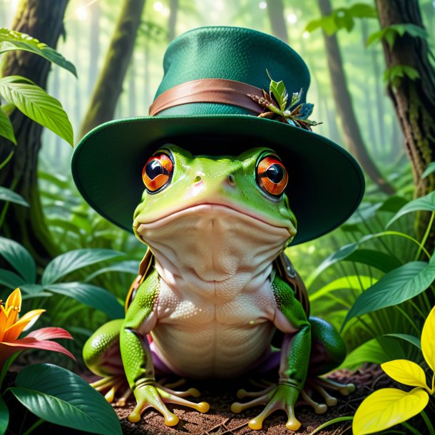 Photo of a frog in a hat in the forest
