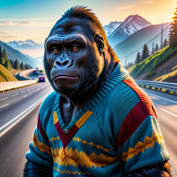Photo of a gorilla in a sweater on the highway