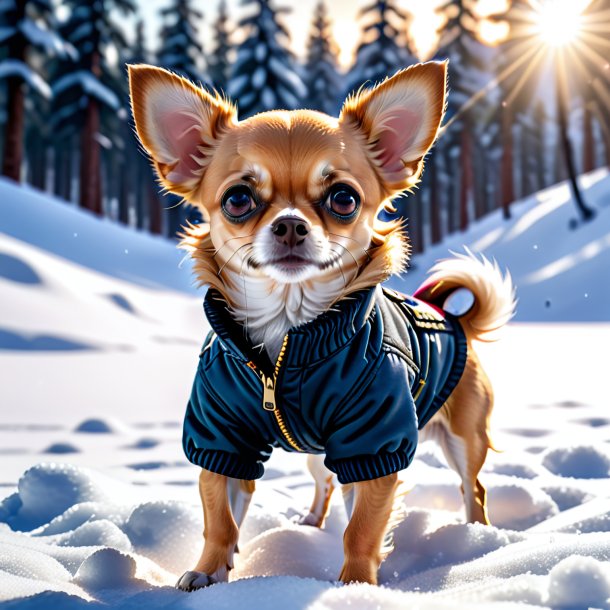 Pic of a chihuahua in a trousers in the snow