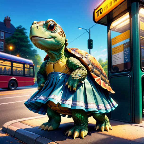 Illustration of a turtle in a skirt on the bus stop