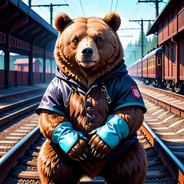 Illustration of a bear in a gloves on the railway tracks